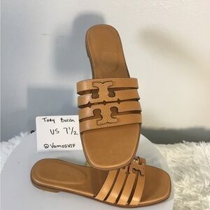 Tory Burch Tan Leather Triple-Strap Slide Mules